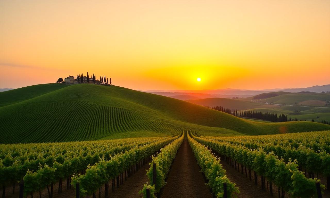 Vigneti e colline ondulate in Toscana al tramonto