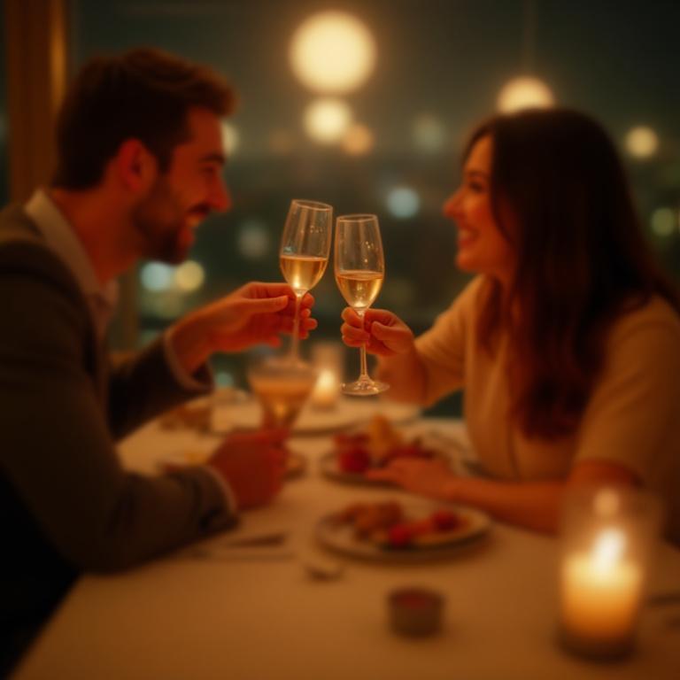 Coppia che brinda durante una cena romantica in viaggio